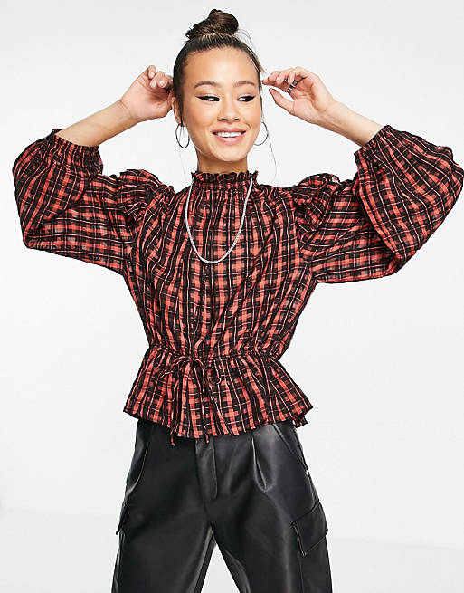 Tops Shirts & Blouses/Topshop frill check smock top in orange check 
