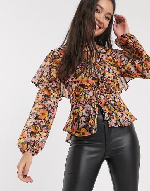 Topshop frill detail floral blouse in multi