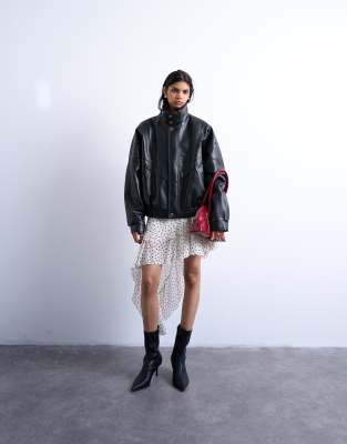 Topshop frill detail midi skirt in polka dot print-White