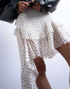 Model wearing Frill detail midi skirt in spot print