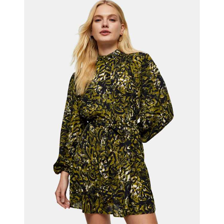 green leopard dress topshop Topshop frill detail mini shirt dress in green leopard print