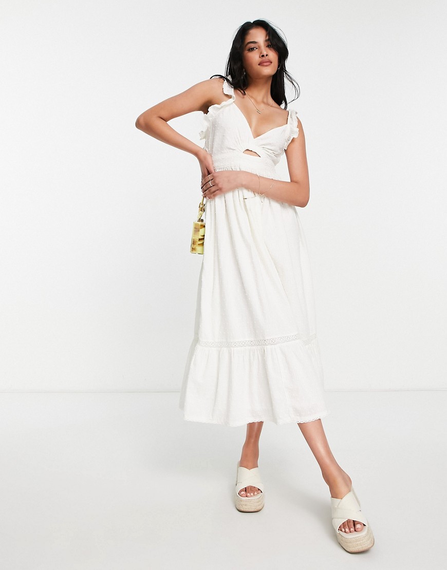Topshop frill dobby broderie cut out midi sun dress in ivory-White