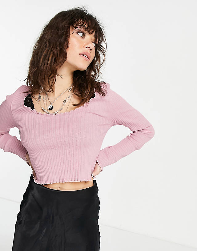 Topshop Petite - Topshop frill edge rib pointelle top in pink