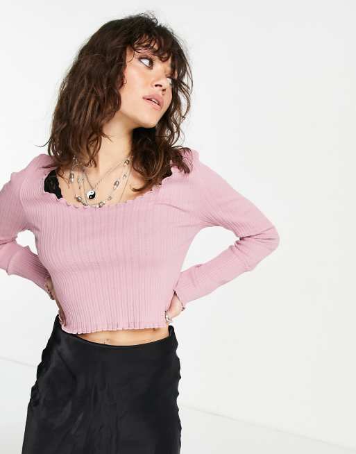 Topshop frill edge rib pointelle top in pink