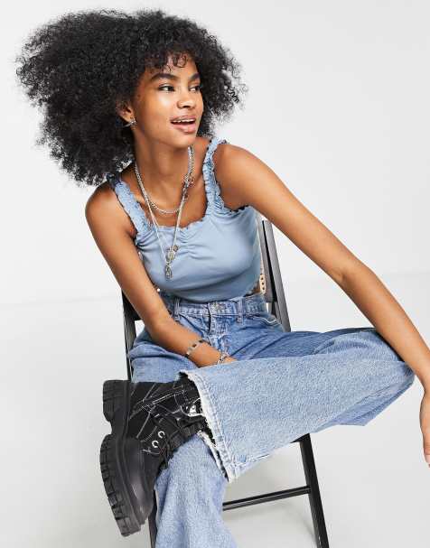 Topshop frill edge vest top in pale blue - view 1