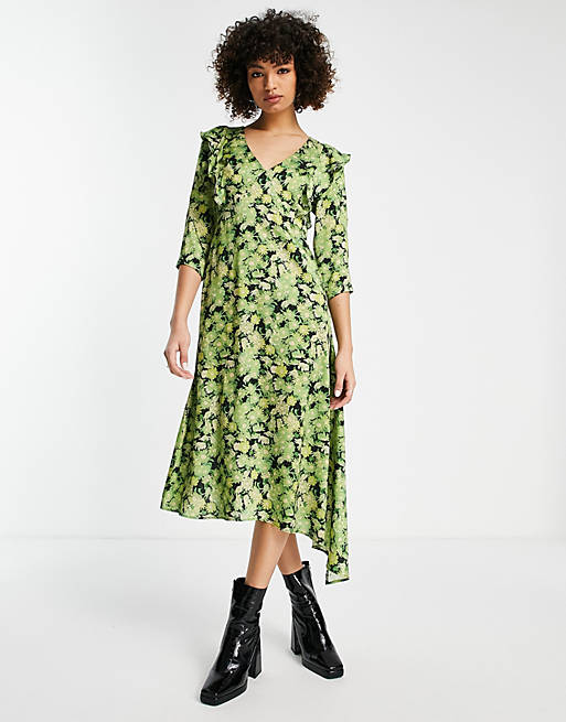 Topshop frill floral print midi dress in green | ASOS