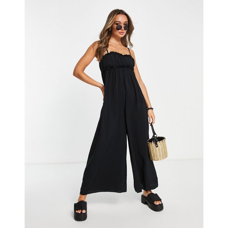 Topshop frill gathered jumpsuit in black
