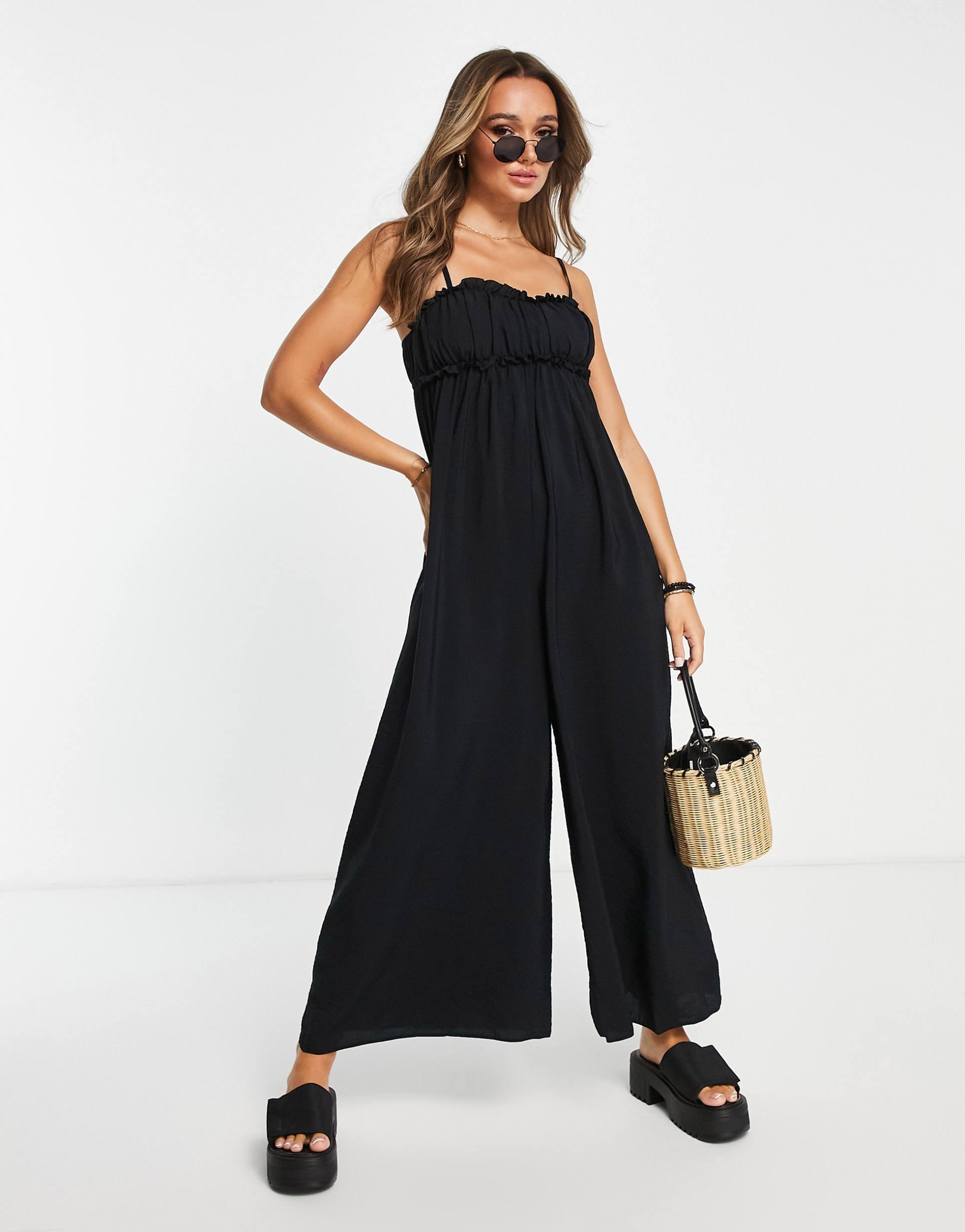 topshop frill gathered jumpsuit in black