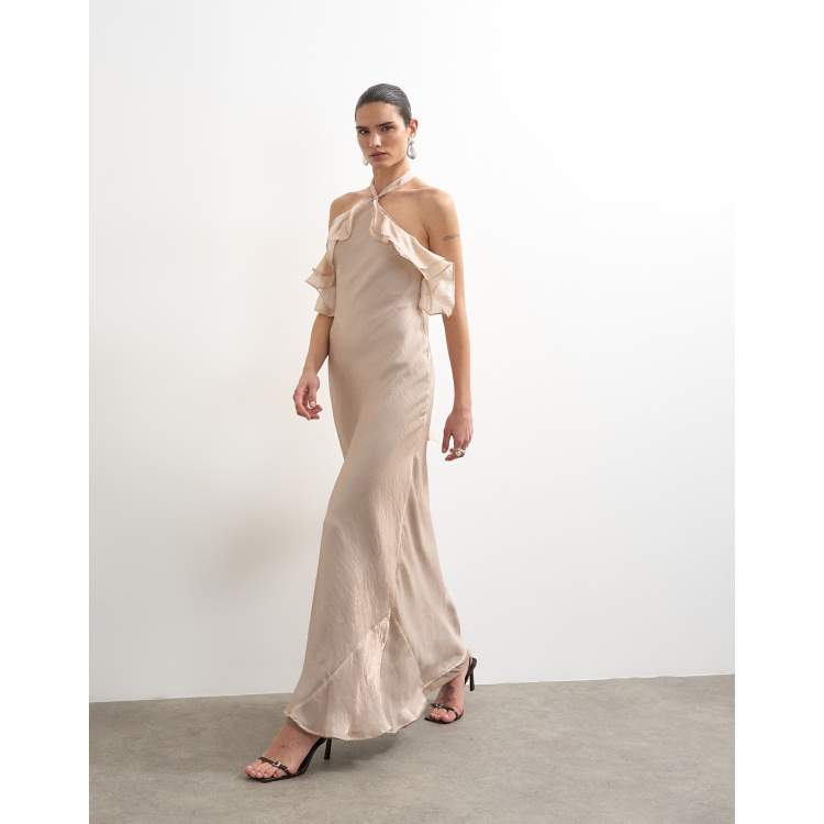 Topshop Frill Halter Neck Maxi Dress in Iridescent mink-Neutral