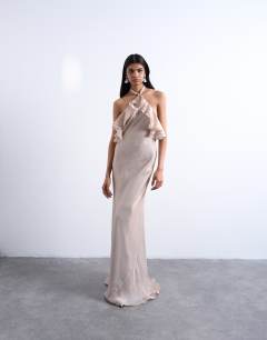 Frill halter neck maxi dress in iridescent mink