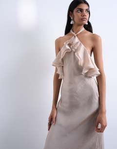 Model wearing Frill halter neck maxi dress in iridescent mink
