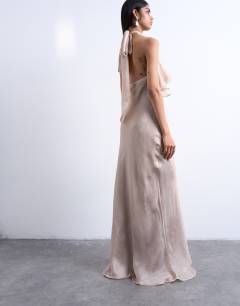 Model wearing Frill halter neck maxi dress in iridescent mink