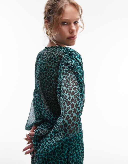 Topshop frill neck mini tea dress with raw seams in green and black floral