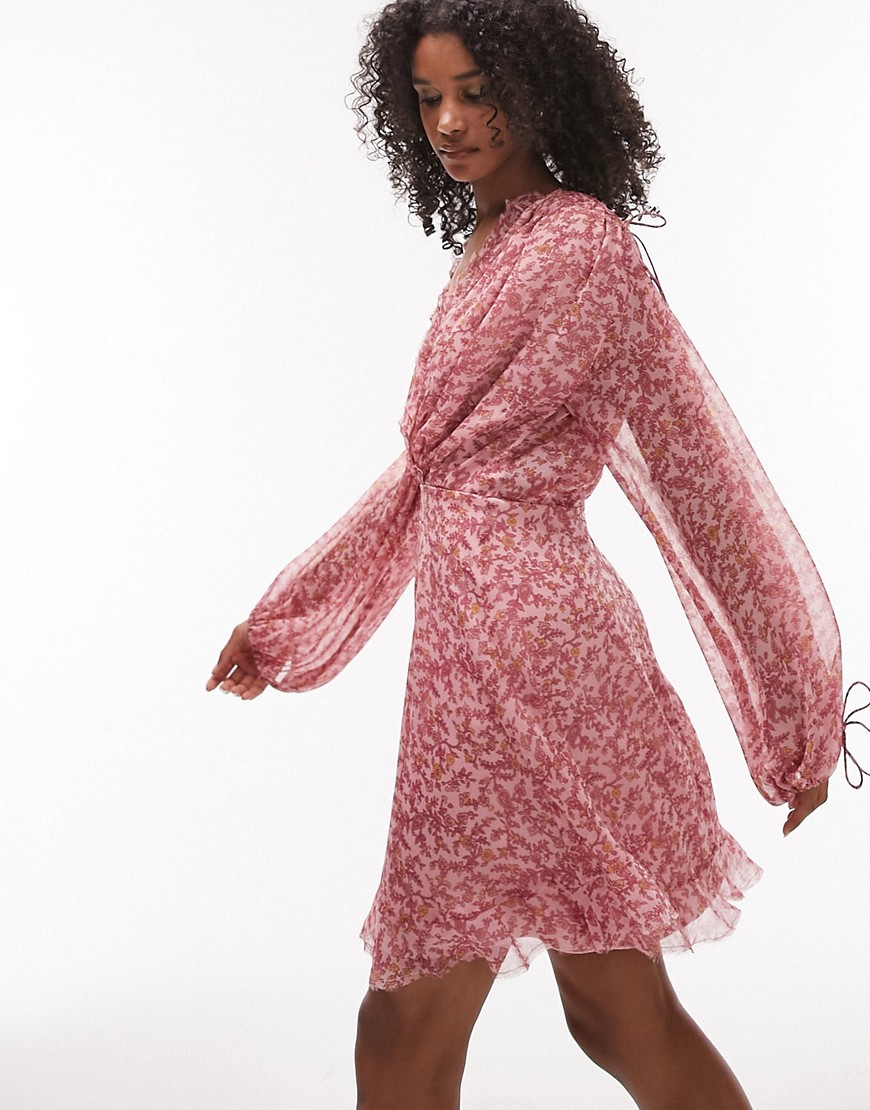 Topshop frill neck mini tea dress with raw seams in pink floral