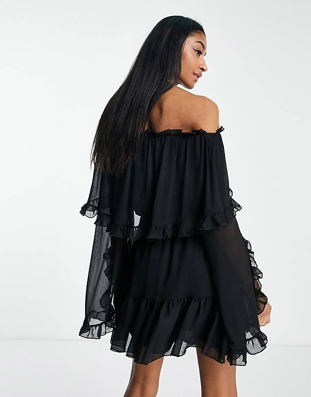 Topshop frill ruffle bardot mini dress in black GN7713