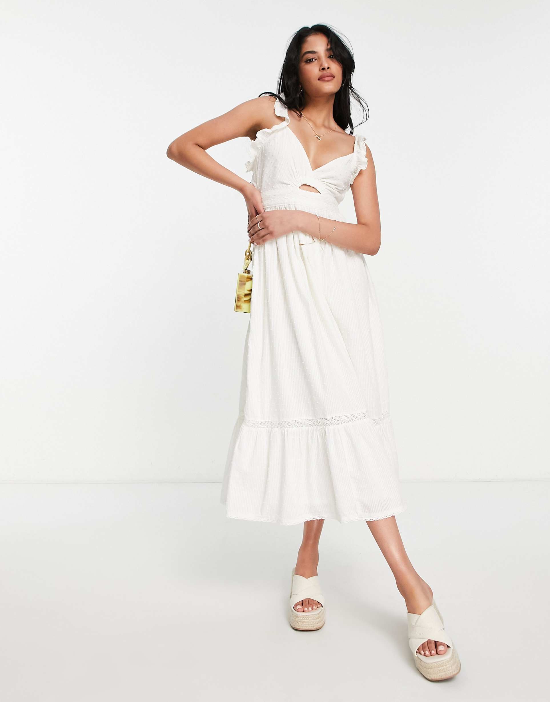 topshop frill textured broderie cut out midi sun dress in ivory