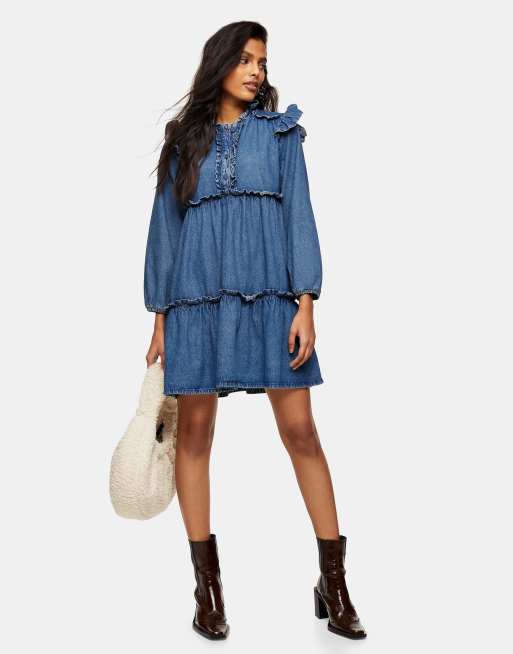 Topshop frill tiered denim mini dress in mid wash blue | ASOS