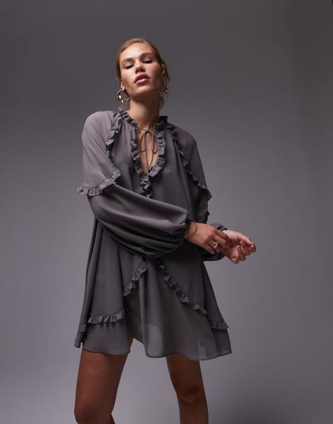 Topshop frill trapeze mini dress in charcoal - view 1