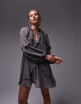 frill trapeze mini dress in gray