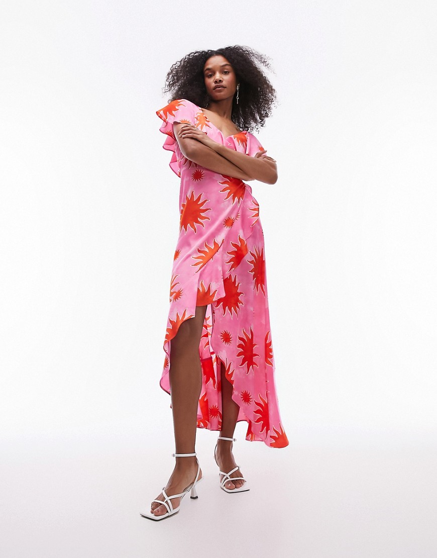 frill wrap maxi dress in pink and red splodge print
