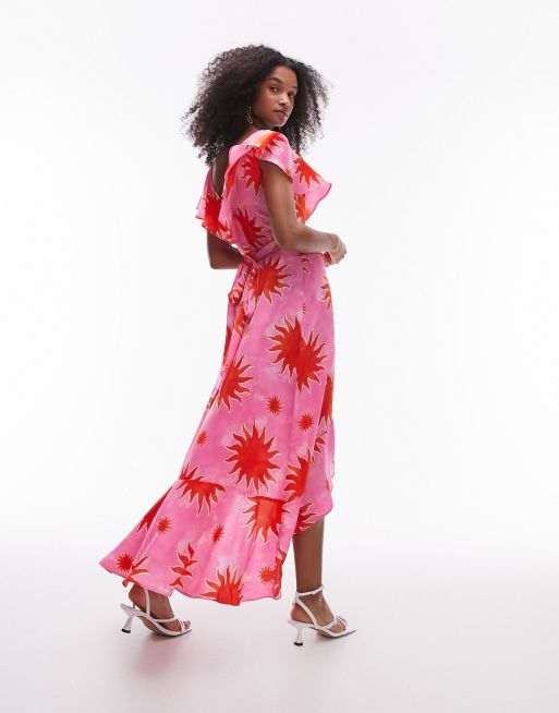 Topshop frill wrap maxi dress in pink and red splodge print ASOS