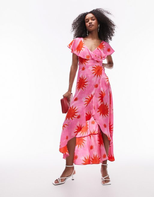 Topshop frill wrap maxi dress in pink and red splodge print ASOS