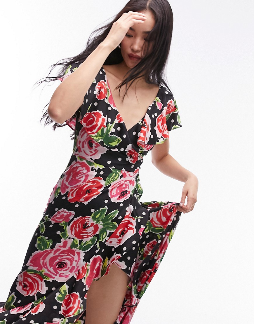 Topshop frill wrap maxi dress in red rose print-Multi