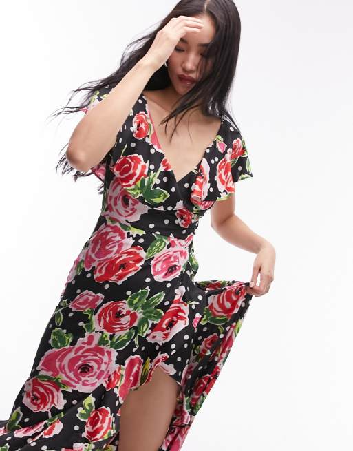 Topshop Frill Floral Midi Wrap Dress in Black Multi at Nordstrom Size 4 US