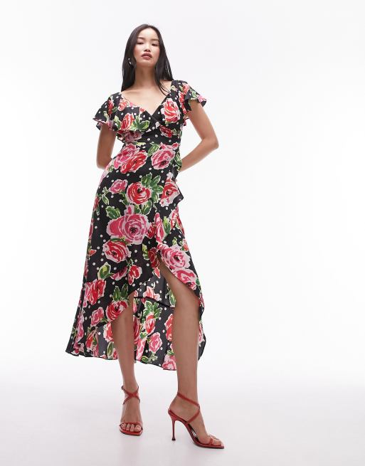 Asos design wrap maxi dress with frills on sale in red floral print