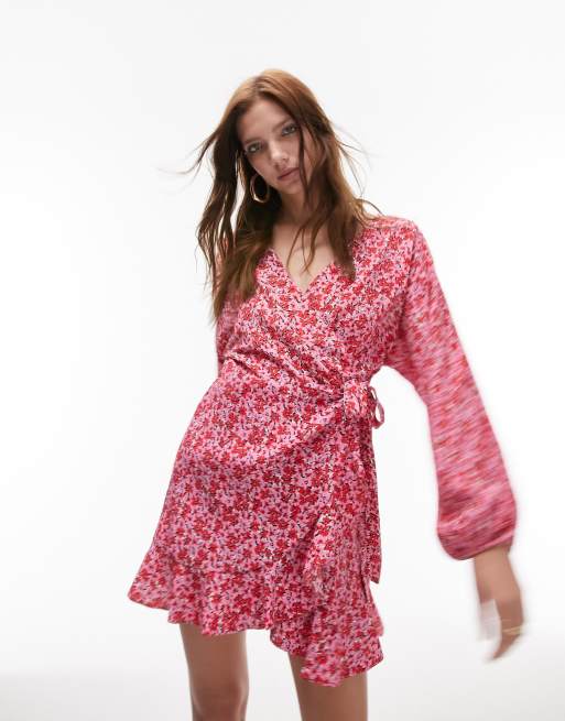 Topshop frill wrap mini dress in pink floral print