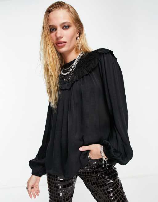 Topshop frill yoke longsleeve satin top in black | ASOS