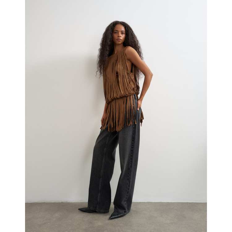 Topshop fringe detail top in brown | ASOS