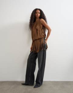 Model wearing Fringe detail top in brown