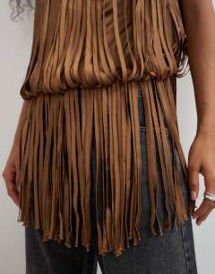 Model wearing Fringe detail top in brown