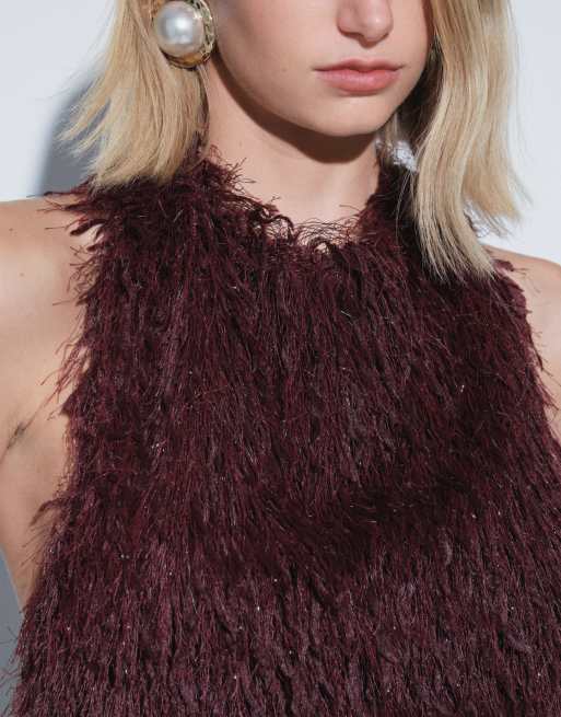 Topshop fringe halterneck top in burgundy, 4 of 4