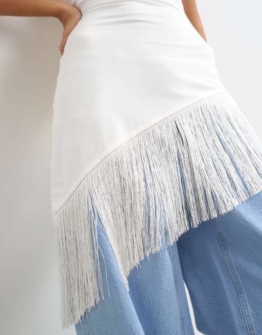 Topshop fringe hem asymmetric top in ecru, 2 of 4