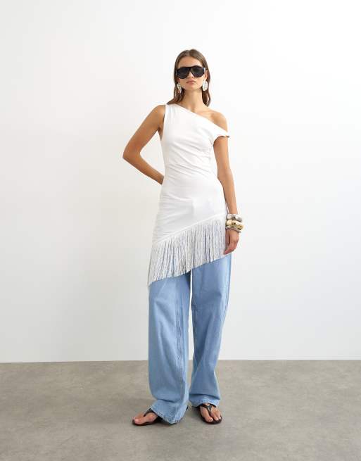 Topshop fringe hem asymmetric top in ecru, 3 of 4