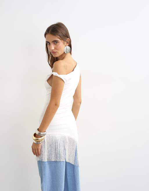 Topshop fringe hem asymmetric top in ecru, 4 of 4
