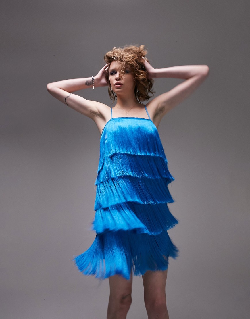 Topshop fringe mini dress in blue