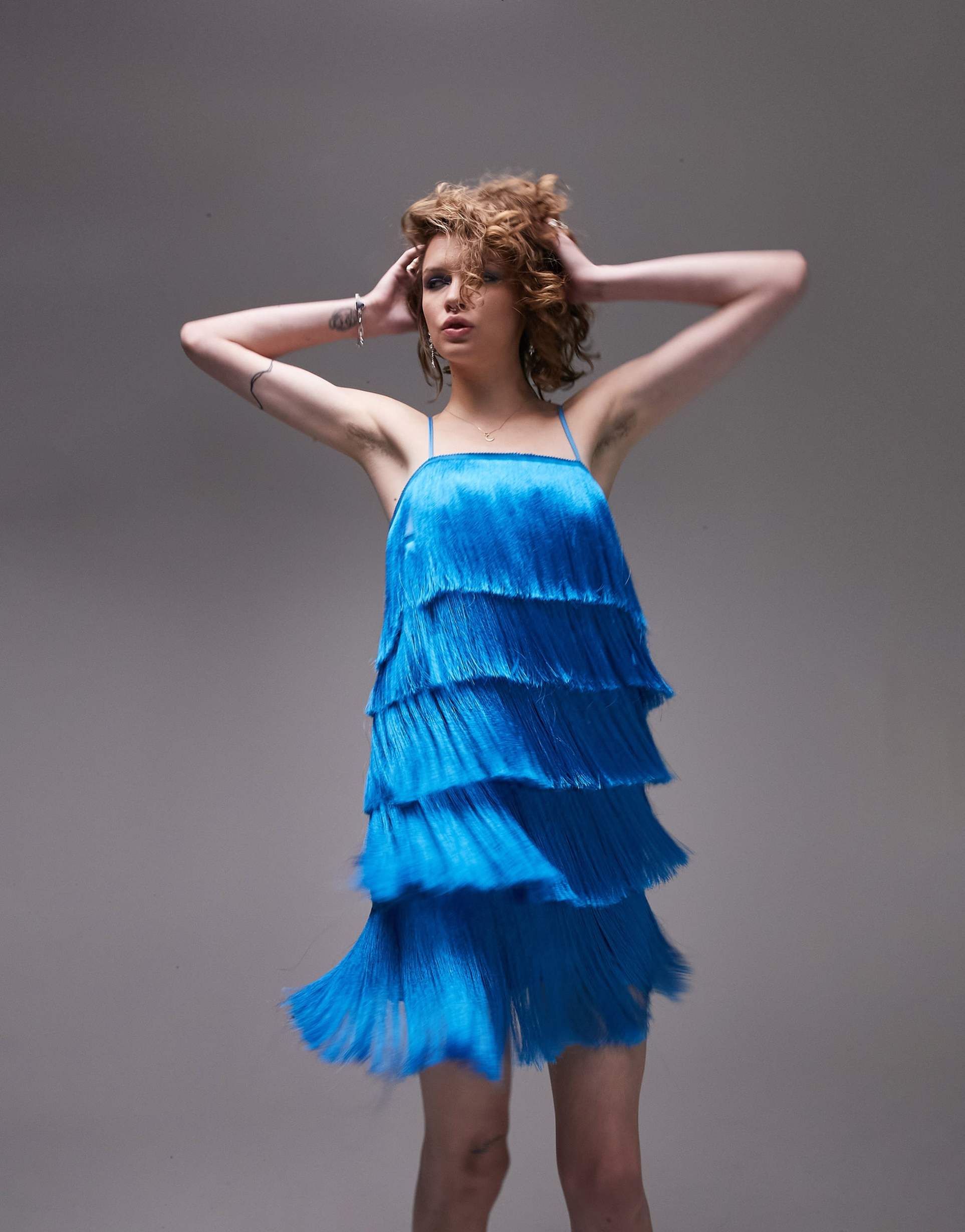 topshop fringe mini dress in blue