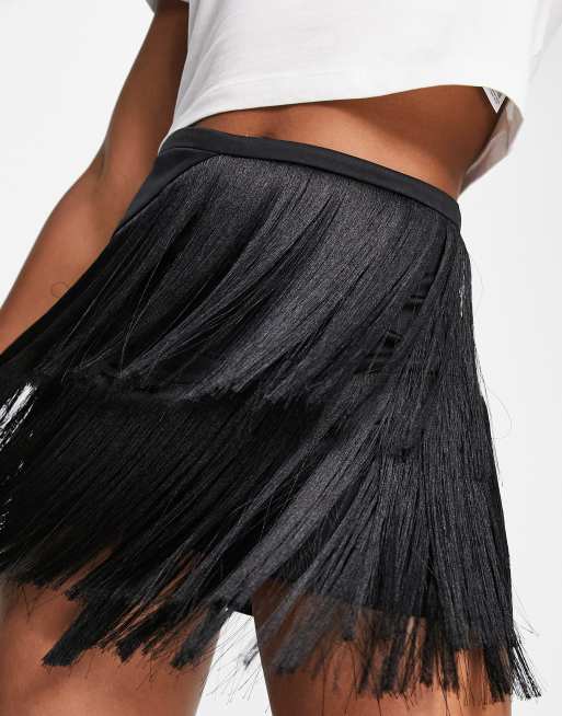 Black fringe mini on sale skirt