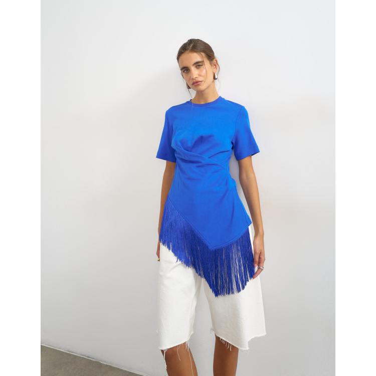 Topshop fringe trim wrap front tassel hem tee in cobalt blue | ASOS