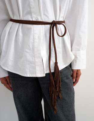 Topshop Fringed Cord Suedette Belt In Brown