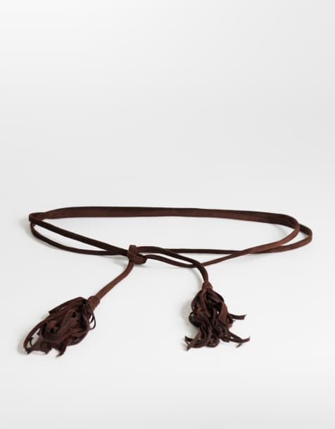 Topshop fringed cord suedette belt in chocolate - view 1
