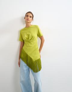 Fringed wrap front tassel hem tee in olive