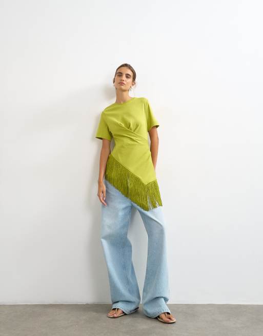 Topshop fringed wrap front tassel hem tee in olive, 2 of 4