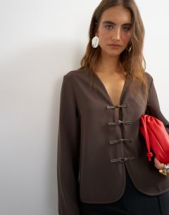 Model wearing Frogging detail top in chocolate