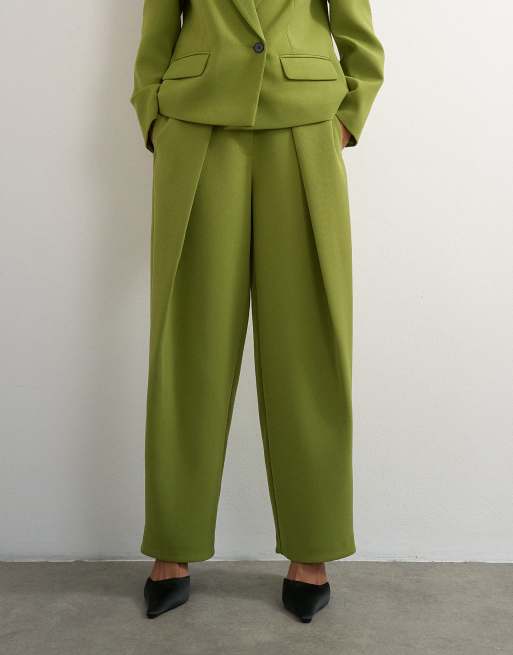 Topshop front pleat wide leg trouser in dark green, 2 of 5