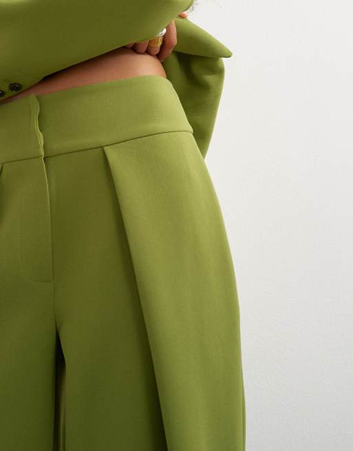 Topshop front pleat wide leg trouser in dark green, 4 of 5