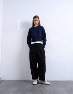 Front seam detail balloon twill trouser in black